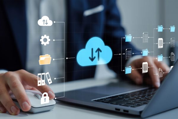 Exchange information and data with internet cloud technology.FTP(File Transfer Protocol) files receiver and computer backup copy. File sharing isometric. Digital system for transferring documents.