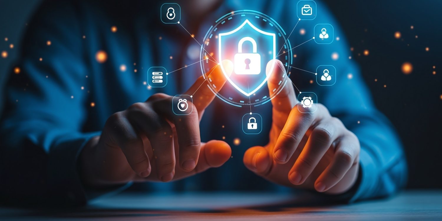 Personal data protection and online security concept, digital shield with lock icon and connected network of abstract icons representing data privacy, cybersecurity and safe internet access