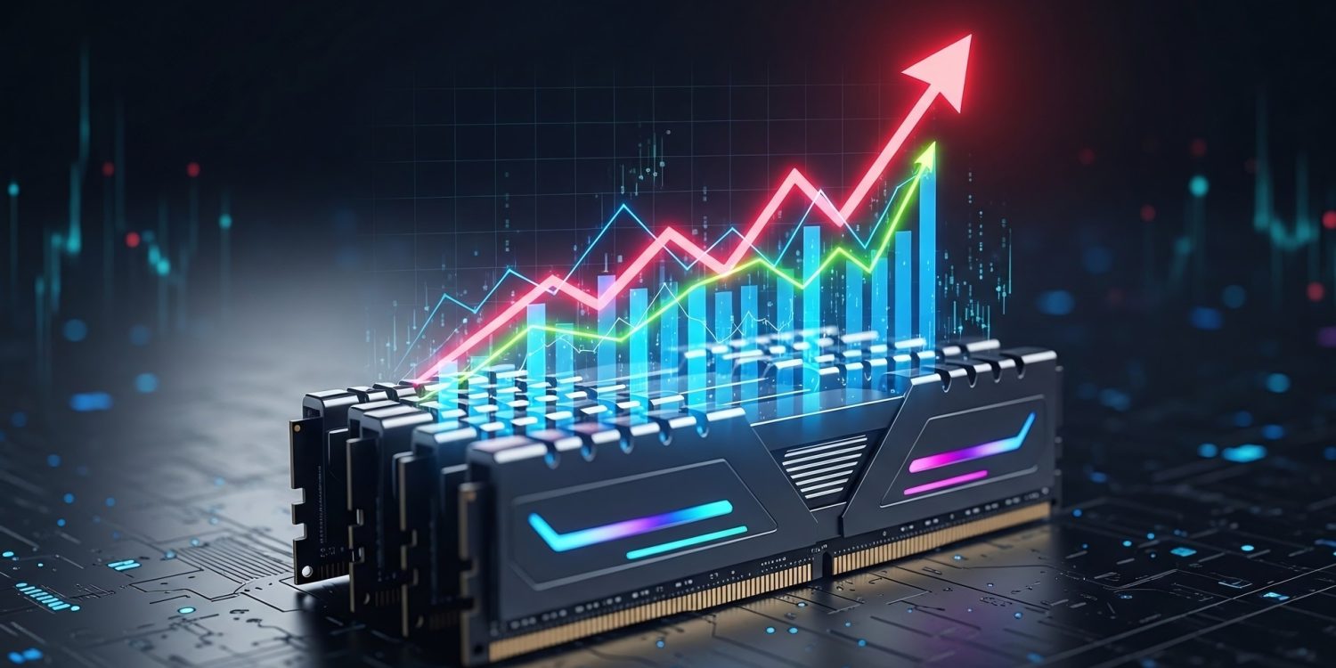 RAM Modules with Glowing Financial Graph Lines and Red Upward Arrow