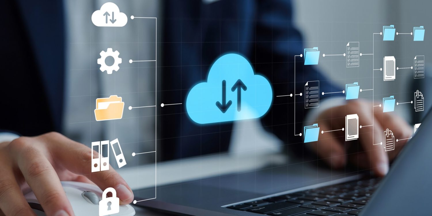 Exchange information and data with internet cloud technology.FTP(File Transfer Protocol) files receiver and computer backup copy. File sharing isometric. Digital system for transferring documents.