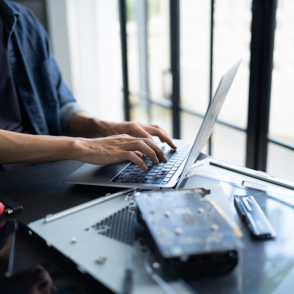 IT Engineer installing Hardware Equipment Development Facility Engineer  Maintenance computer Motherboard Electronic repair shop technology business.