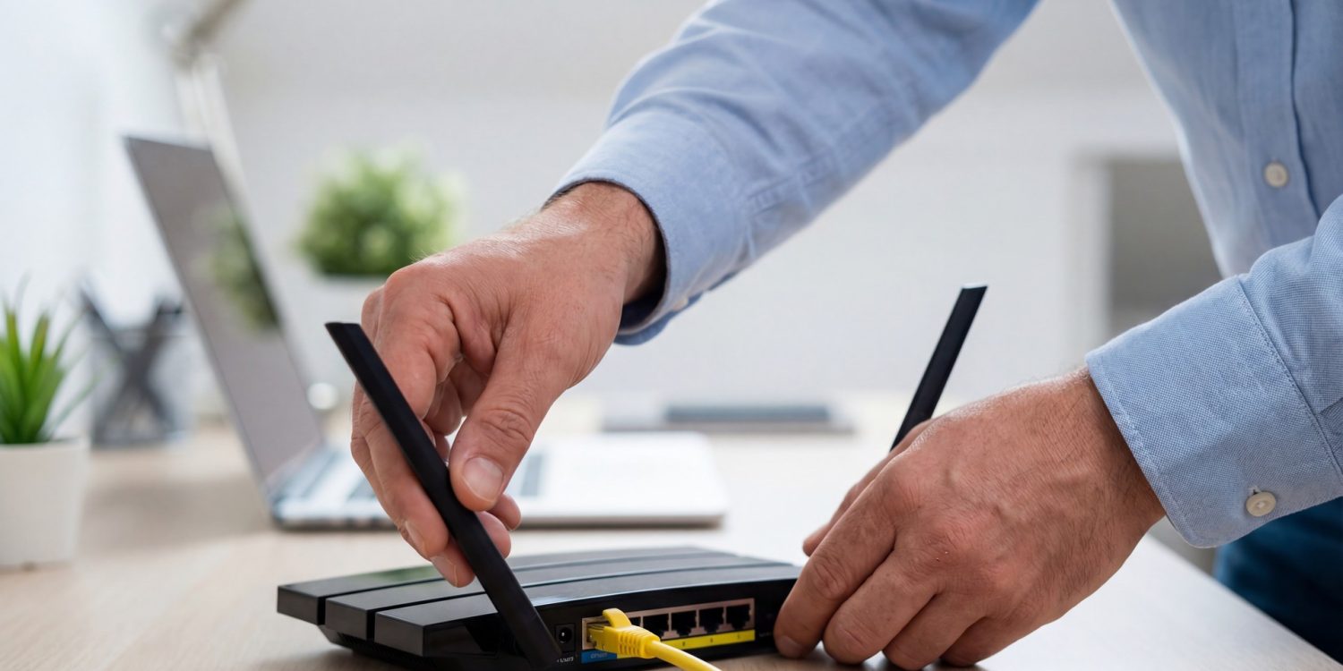 A man in a blue shirt adjusts the antennas on a black wireless router to improve the internet connection signal in a home office